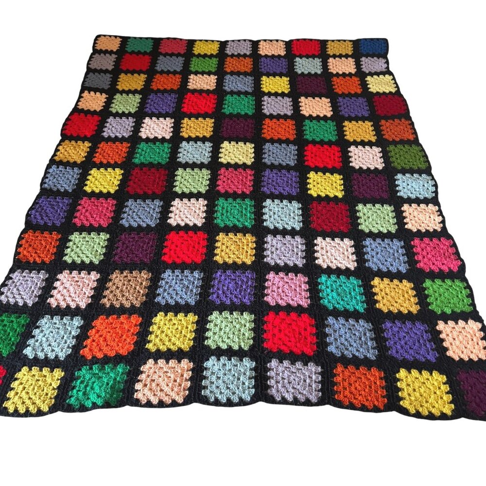 Handmade Multicolor Crochet Granny Square Blanket Throw 56" X 69" Black Border